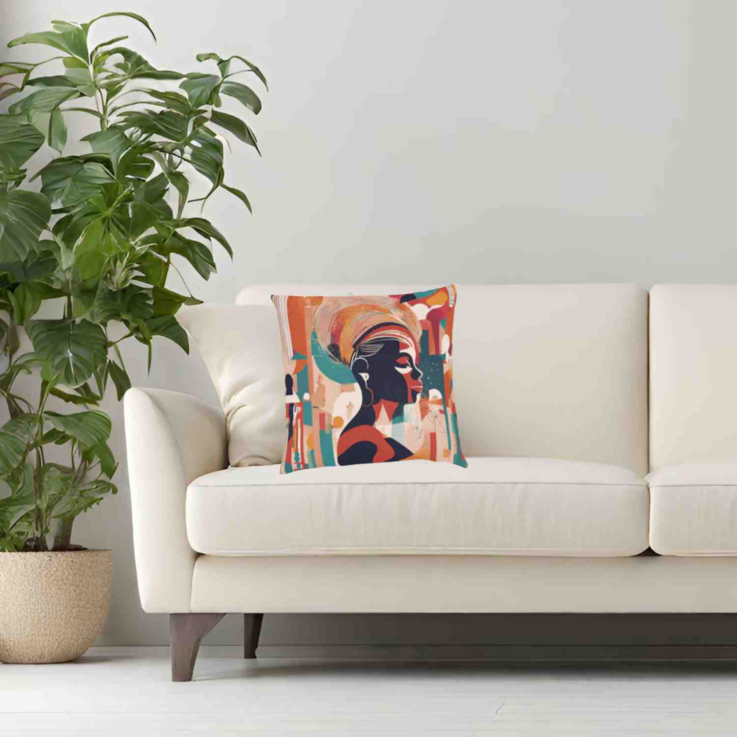 Lounge scene with sofa, and on it a cushion with the design of a beautiful and colourful portrait of a woman